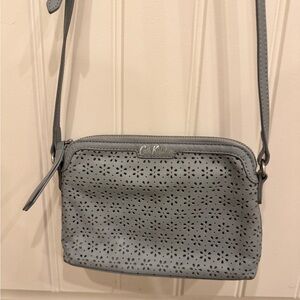 Cath Kidston Baby Blue Leather Floral Eyelet Cutout Zippered Crossbody Bag.